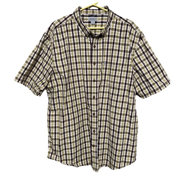 Carhartt Men Size 3XLT Shirt Button Down Top Brown Checkered Plaid Short Sleeve - Picture 1 of 5